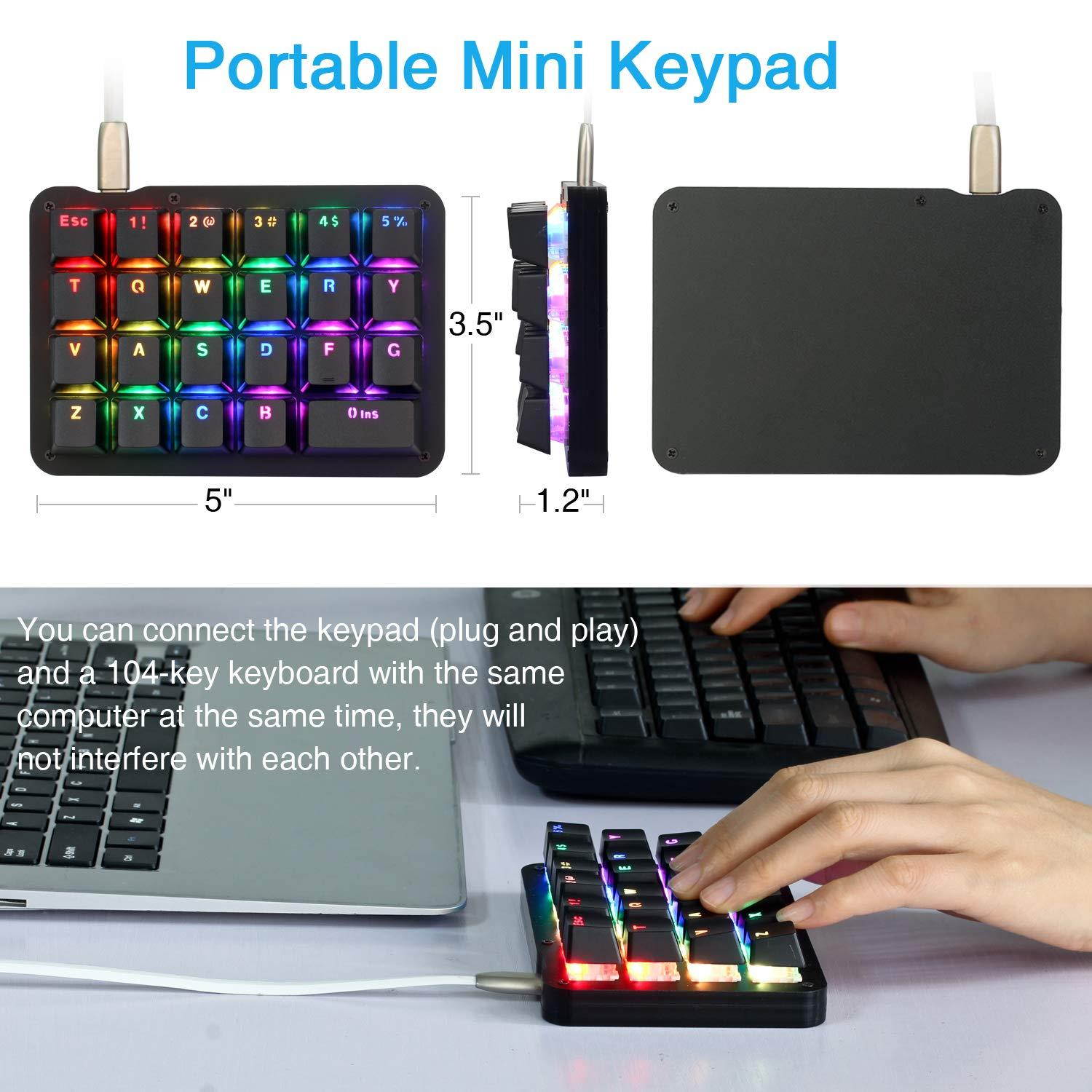 Koolertron One Handed Macro Mechanical Keyboard, RGB LED Backlit Portable Mini One-Handed Mechanical Gaming Keypad 23 Fully Programmable Keys Red Switches