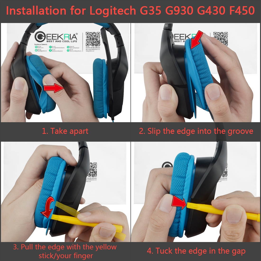 Geekria Replacement Earpad for Logitech G35, G430, G930, F450 Headphones / Headphone Ear Pad / Ear Cushion / Ear Cups / Ear Cover / Earpads Repair Parts (Red & Black)