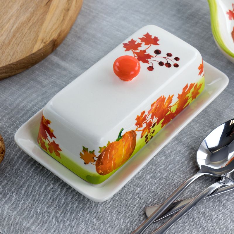 Gibson Home Harvest Leaves 7.7 Inch Durastone Butter Dish with Lid