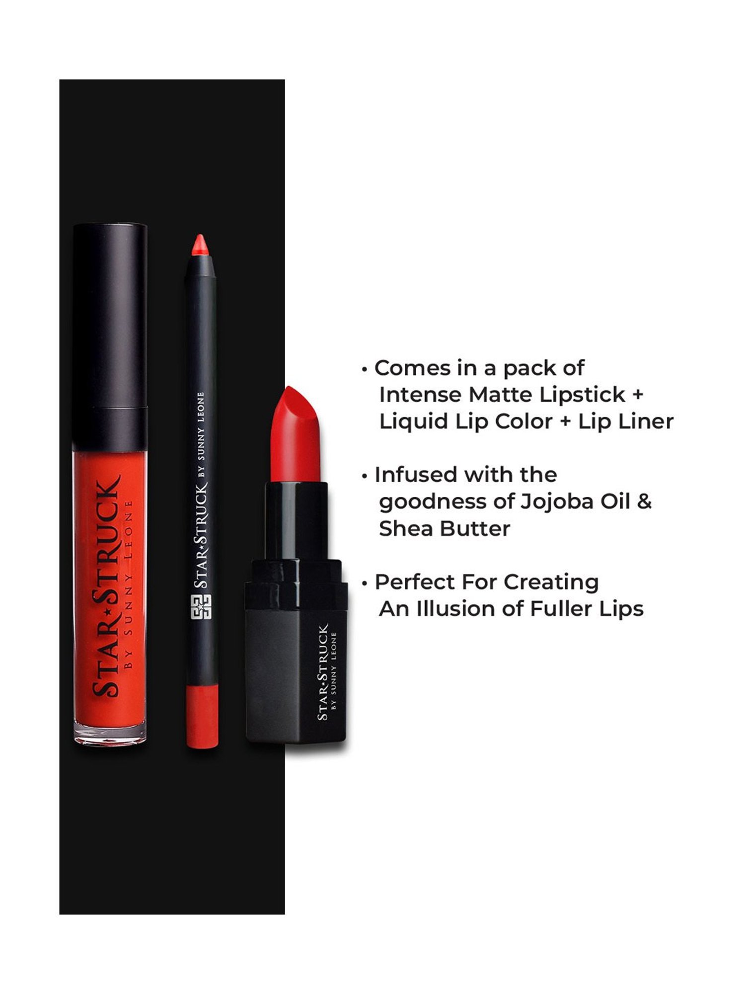 StarStruck By Sunny Leone Lipstick+Lip Gloss+Liner Lip Kit Red Carpet - Pack of 3