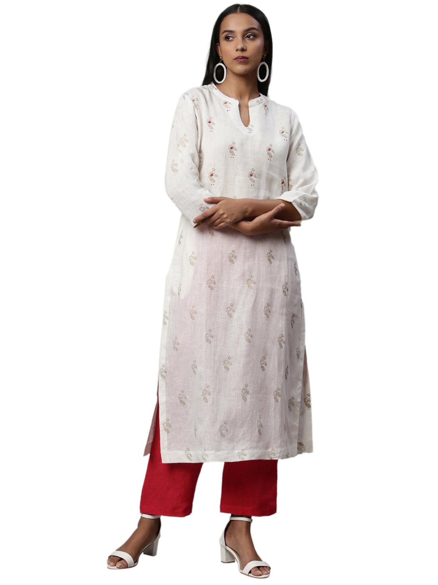 Linen Club Woman Red Regular Fit Pants