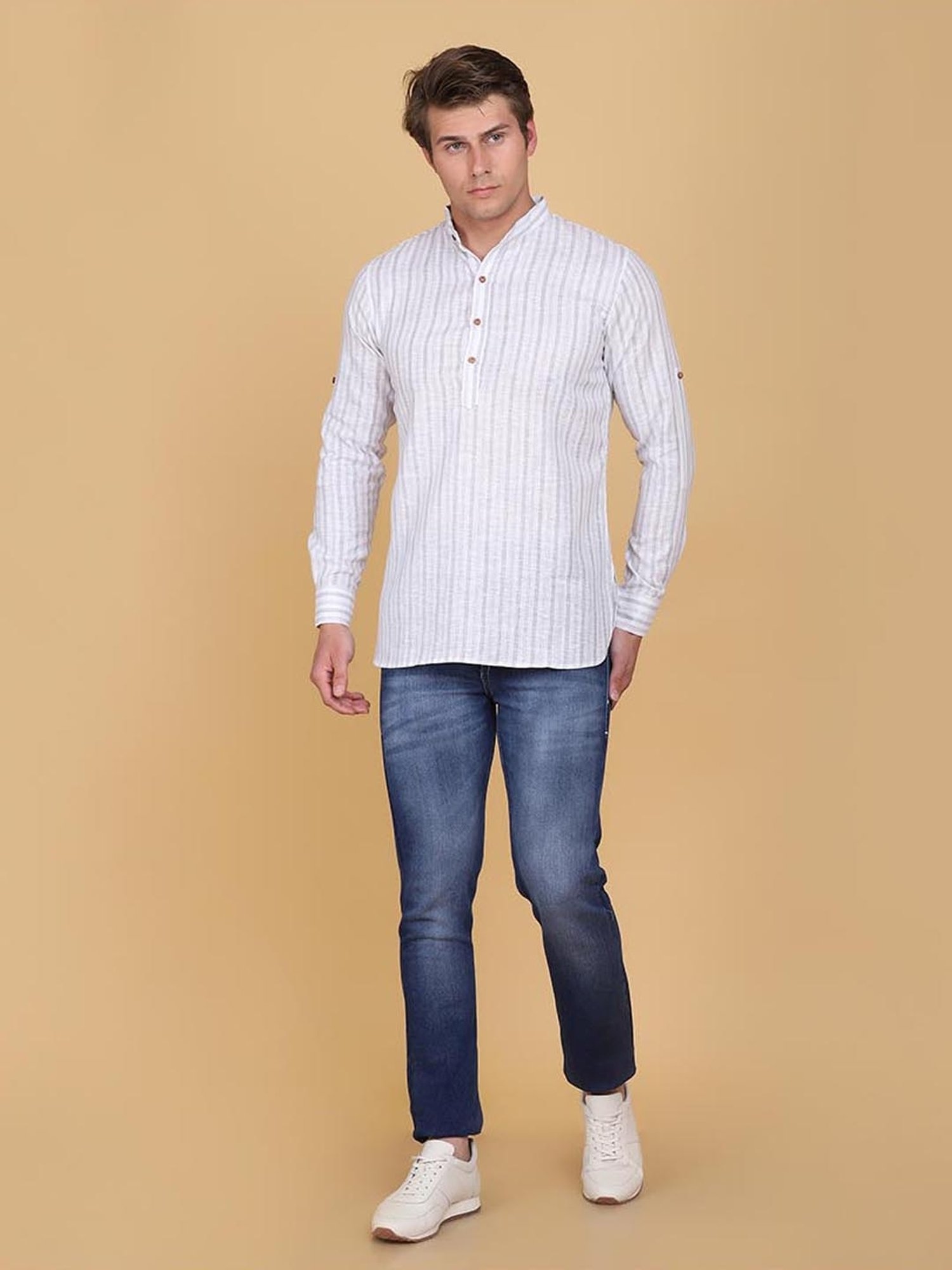 TAHVO Grey Cotton Slim Fit Striped Shirt