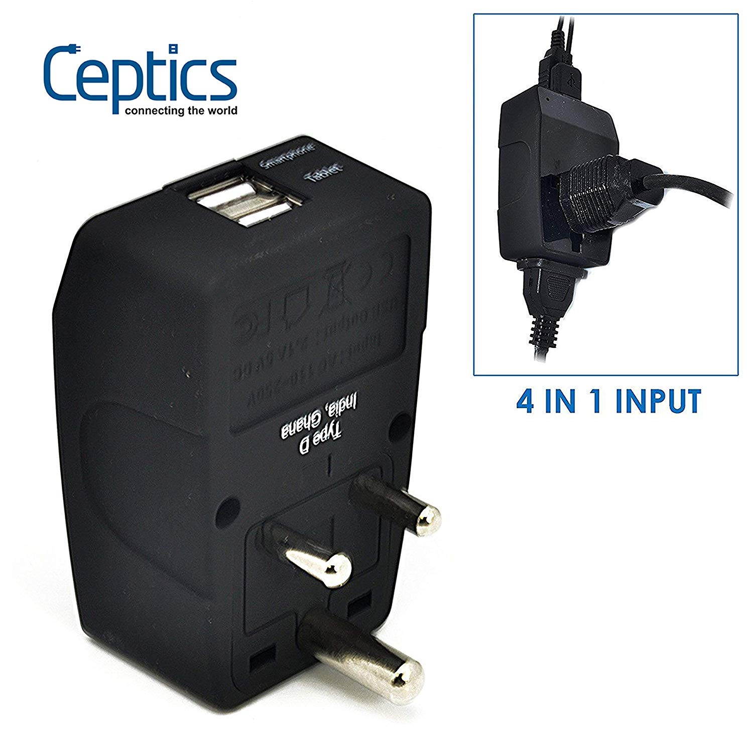 Ceptics 2 USB India, Nepal, Pakistan Travel Adapter - 4 in 1 Power Plug (Type D), Universal Socket Plug accepts Plugs from any country, Perfect for Cell Phones, Laptops, Chargers and More  (GP4-10)