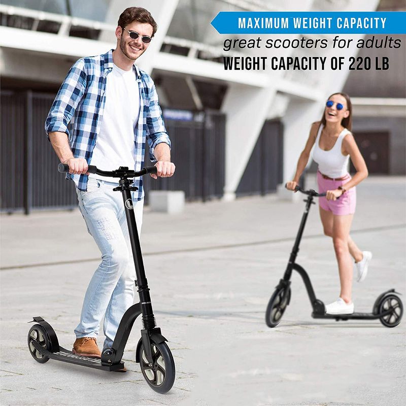 LaScoota Premium Adult Teen Adjustable Portable Folding Kick Scooter with Wide Non Slip Deck and Carry Strap for Age 20 Year and Up, Gray
