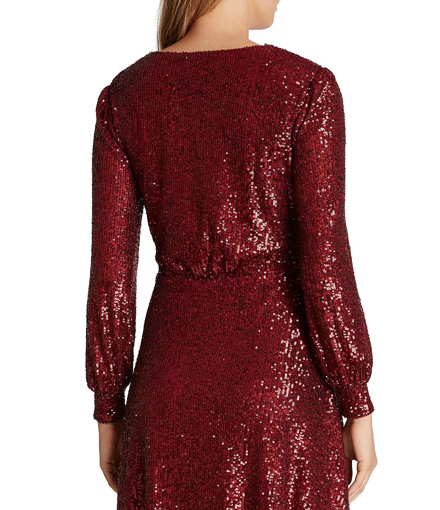 Tahari ASL Stretch Allover Sequin Faux Wrap Midi Dress