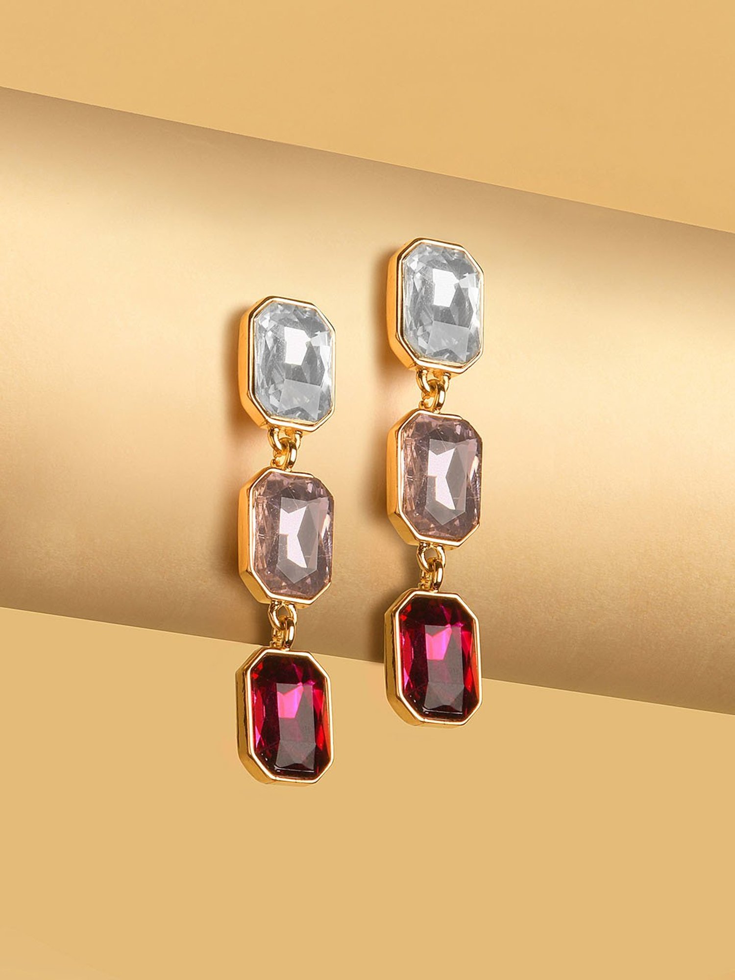 ToniQ Stylish Pink Gem Stone 3 Tiered Dangler Earrings for Women
