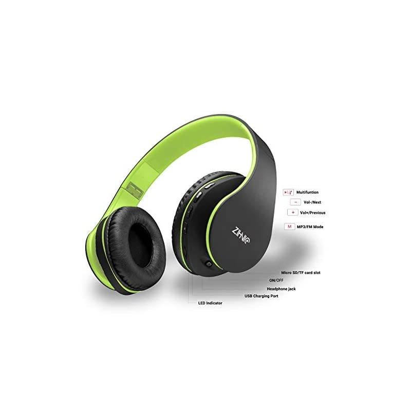 Bluetooth Headphones Over-Ear,  Foldable Wireless and Wired Stereo Headset Micro SD/TF, FM for Cell Phone,PC,Soft Earmuffs &Light Weight for Prolonged Waring(Black/Green)