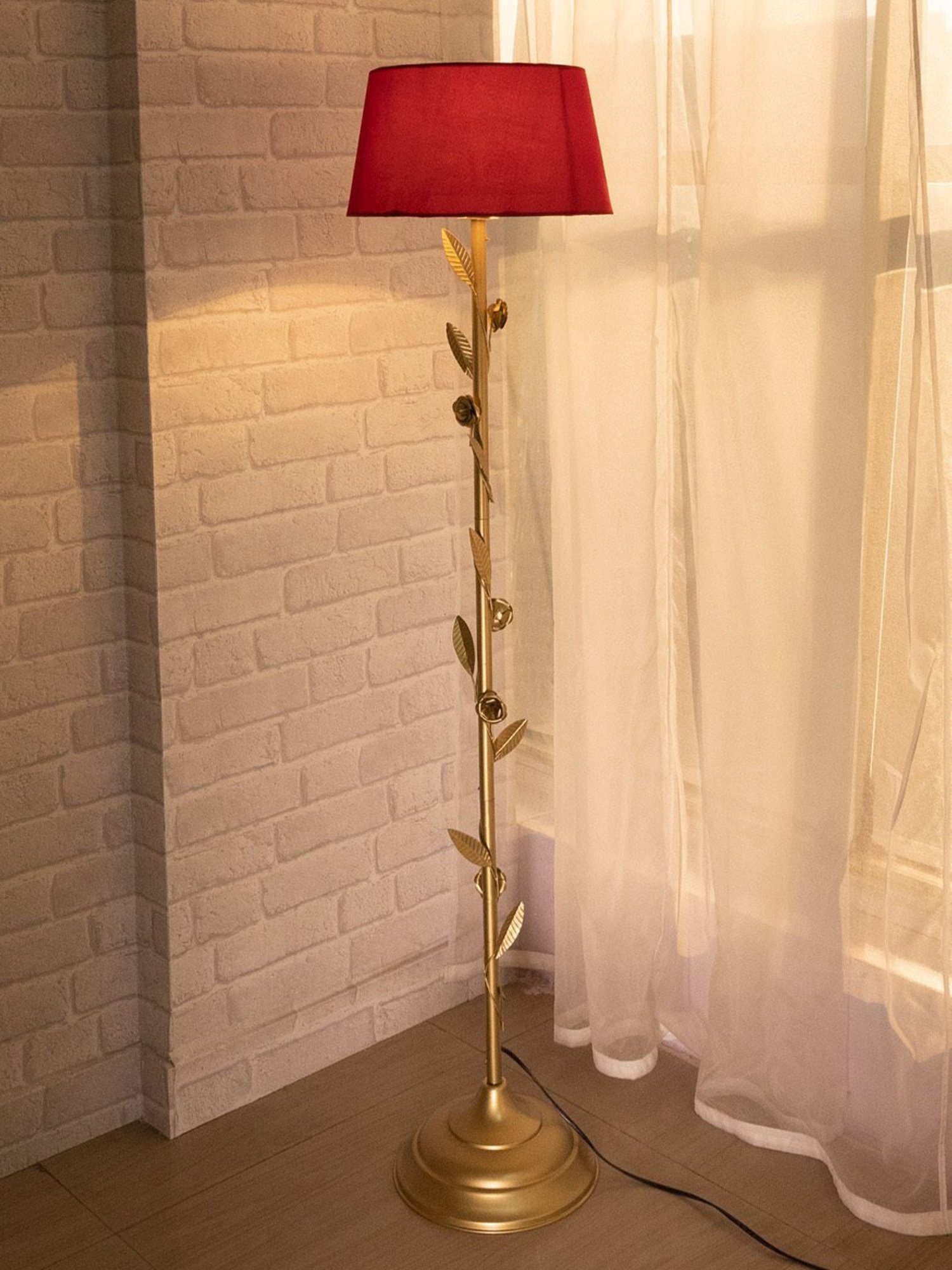 Homesake Red & Golden Metal Standing Floor Lamp with Bulb and Floor Switch (Iron Legs)