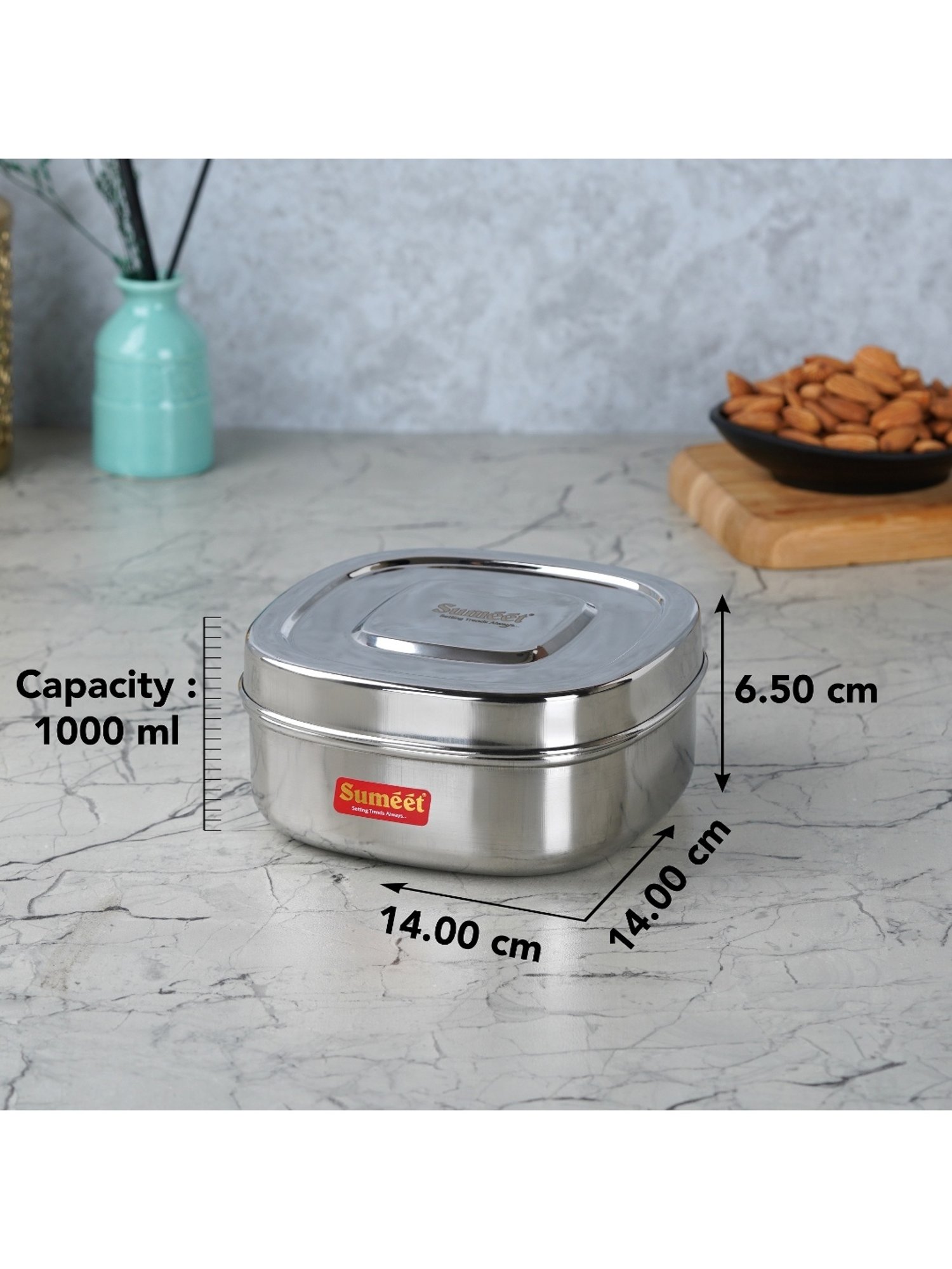 Sumeet S.S. Square Storage containers box/Dabba for Kitchen, Set of 2Pcs, 1000ml, 14cm Dia, Silver