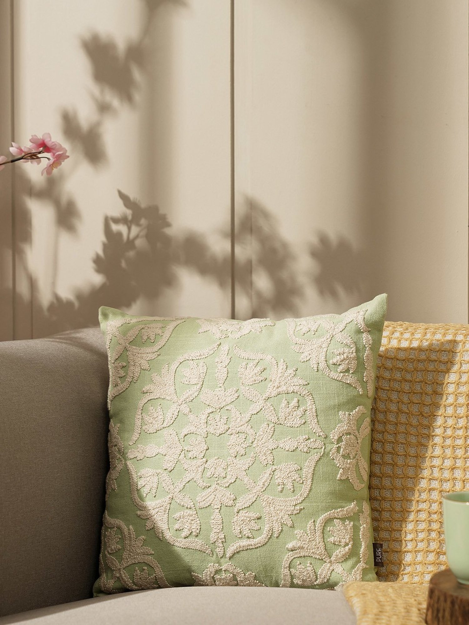 Pure Home and Living Green Cotton Embroidery Cushion Covers