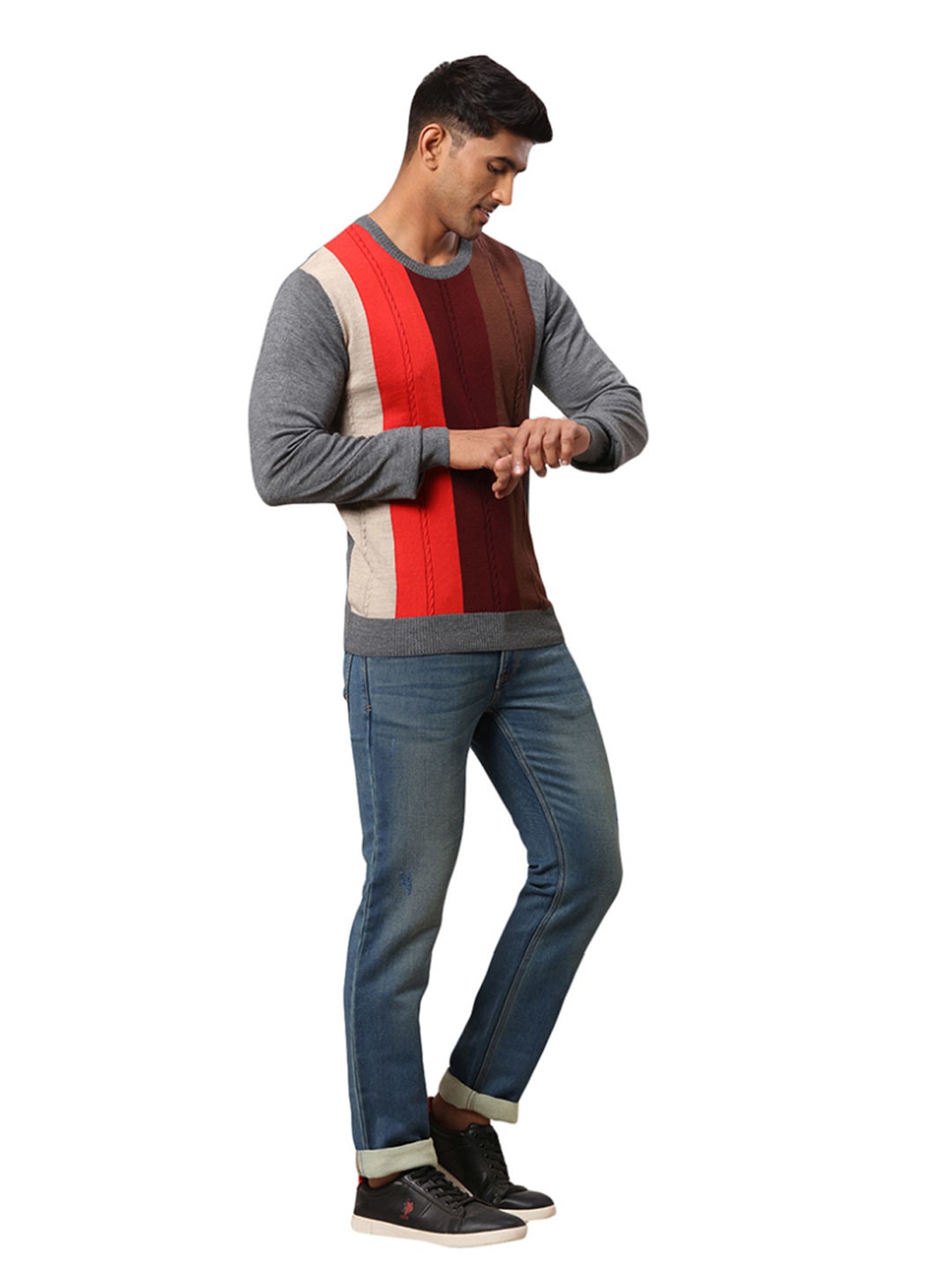 Raymond Grey & Orange Regular Fit Colour Block Sweater