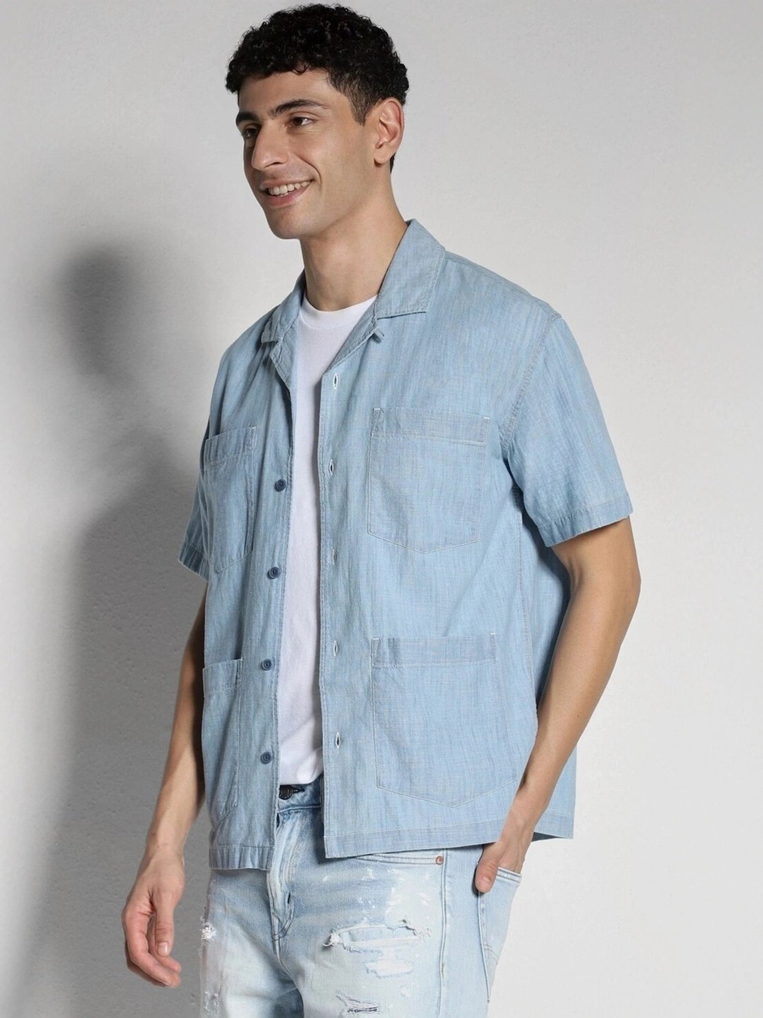 American Eagle Blue Cotton Regular Fit Denim Shirt