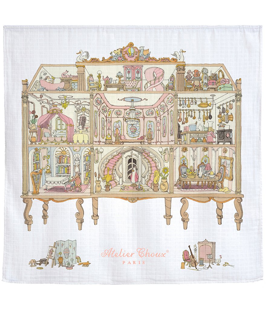Atelier Choux Paris Organic Cotton Baby Dollhouse, Hot Air Balloon, Towers Bridge Swaddle Trio Gift Set