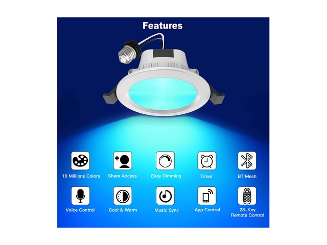 MagicLight Smart Retrofit 3 Inch 5 Watts E26 LED Recessed Can Lights, 5 in 1 RGBCW Dimmable Multicolor Bluetooth Mesh App Control Smart LED Downlight