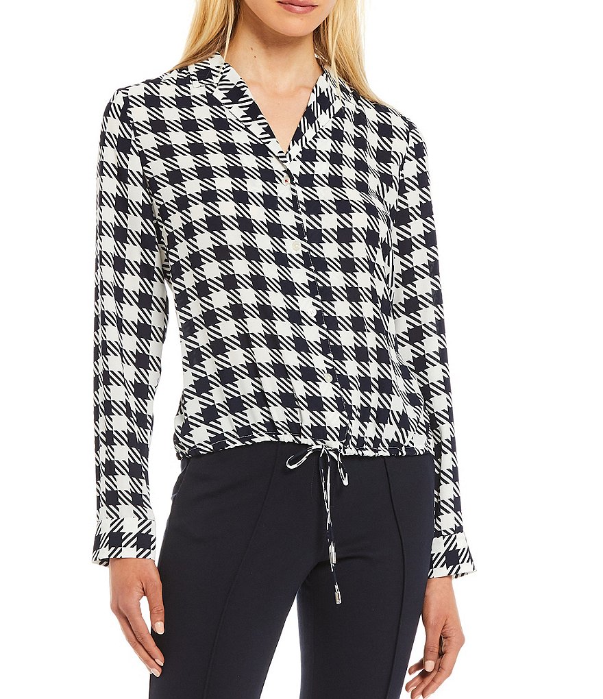 Tommy Hilfiger Check Plaid Print Button-Front Drawstring Hem Long Sleeve Top