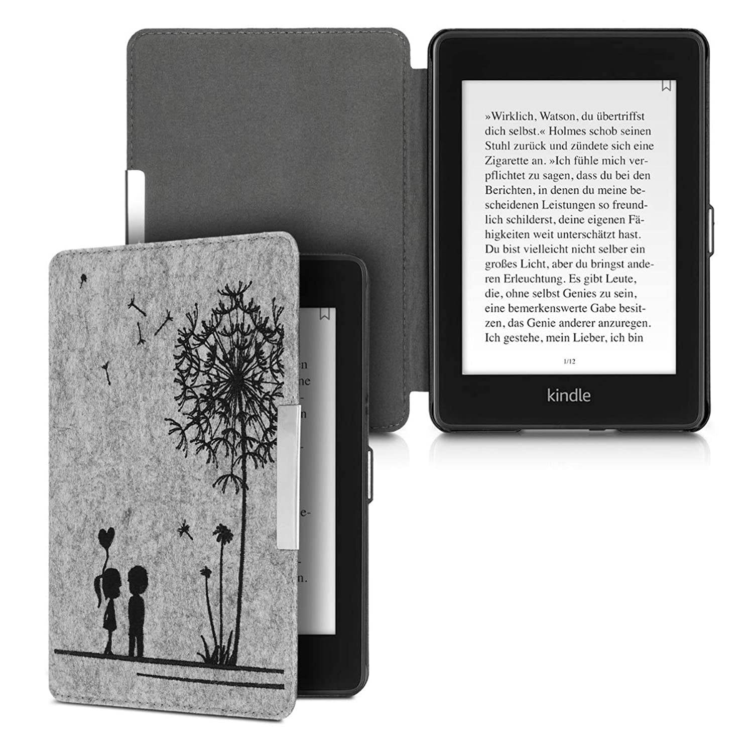 kwmobile Case Compatible with Amazon Kindle Paperwhite (10. Gen - 2018) - Book Style Felt Fabric Protective e-Reader Cover Folio Case - Dandelion Love Black/Light Grey