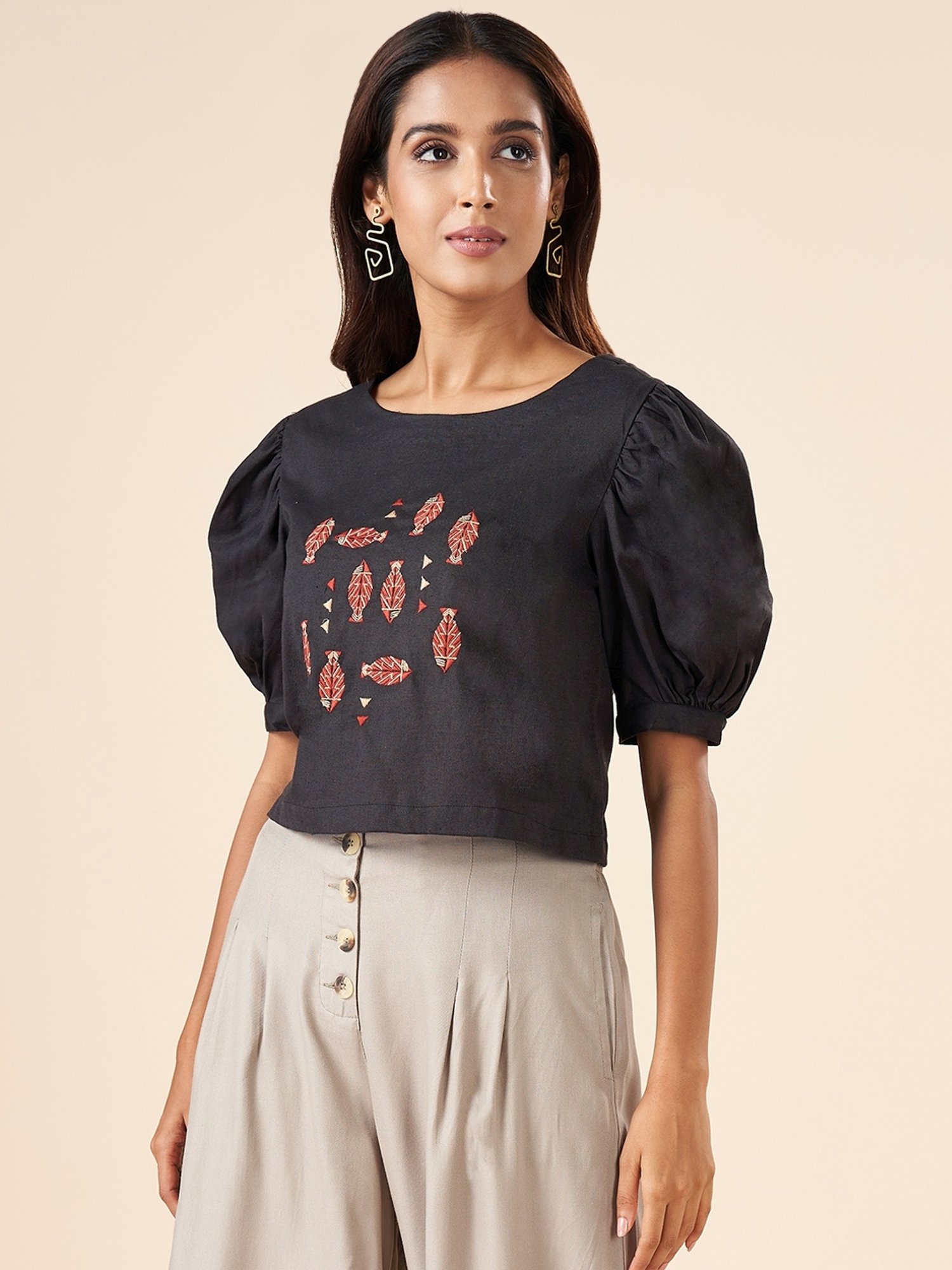 Akkriti by Pantaloons Black Cotton Embroidered Top