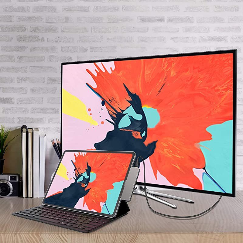 USB C Hub for iPad Pro/ iPad Air 4/ USB C MacBook,  7-in-1 Hub Adapter with 4K HDMI, 60W USB-C PD Fast Charging, 3.5mm Headphone Jack & Type C Data, USB 3.0, SD/TF Card Reader