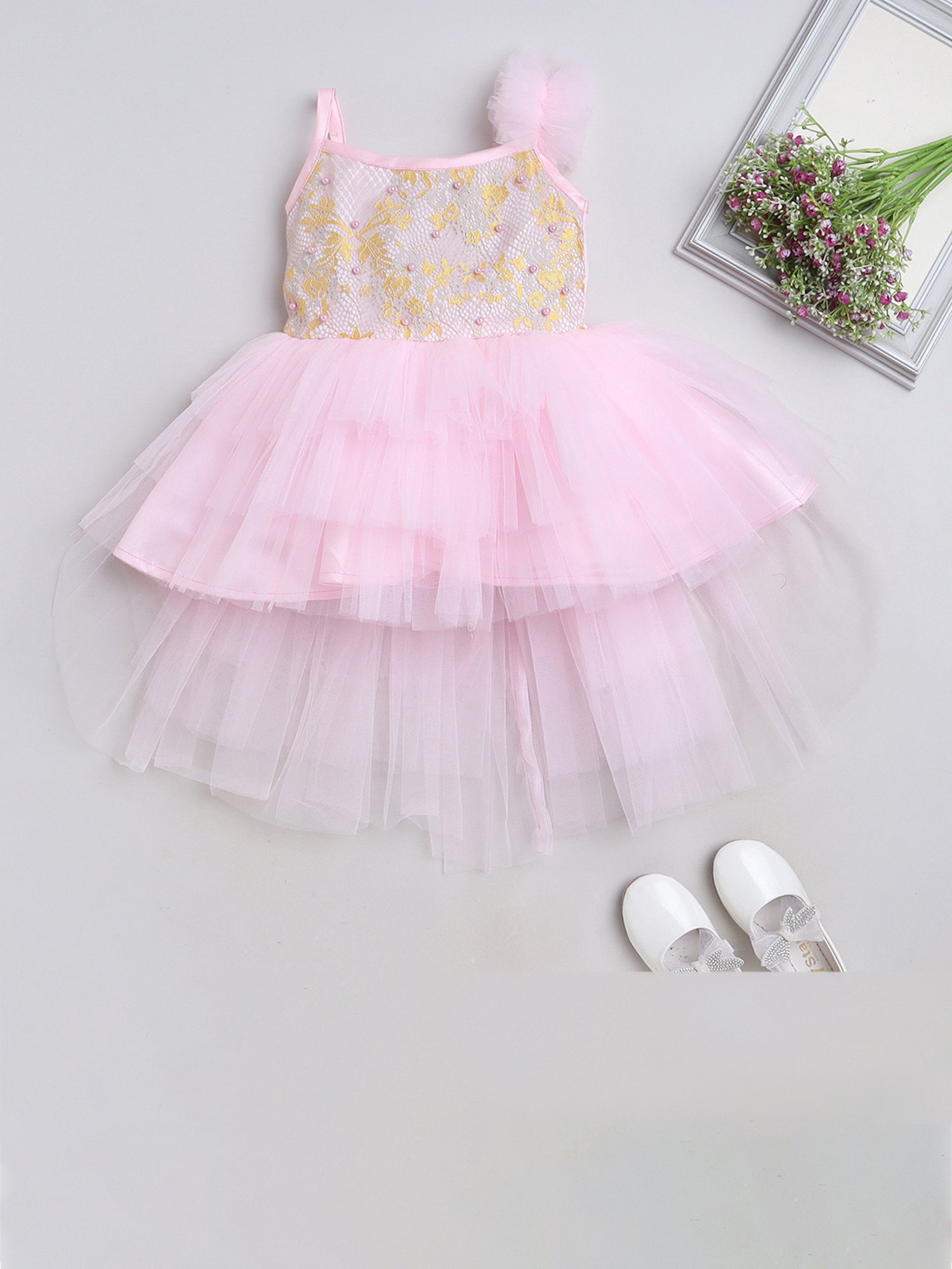 Many Frocks Kids Pink Embroidered Dress