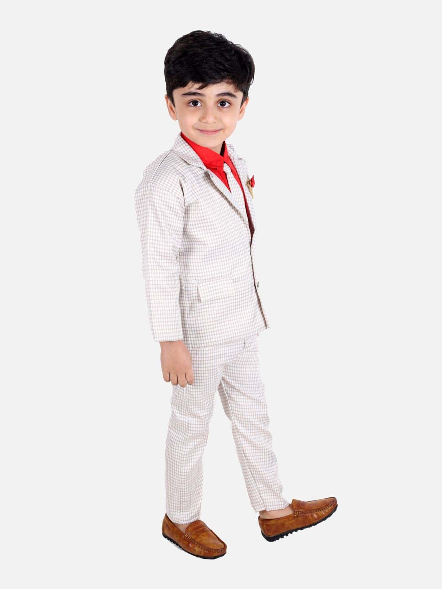 Fourfolds Boys Red Checks Full Sleeves Clothing Set