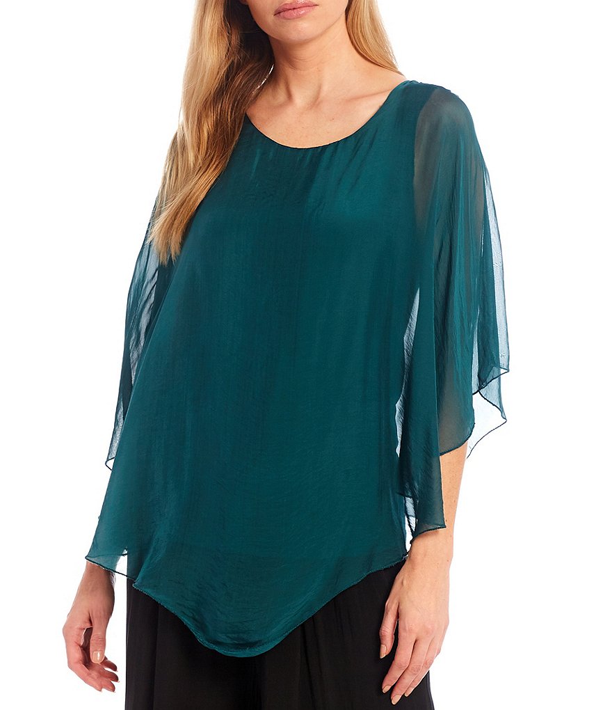 M Made in Italy 3/4 Sleeve Asymmetrical Hem Silky Woven Top