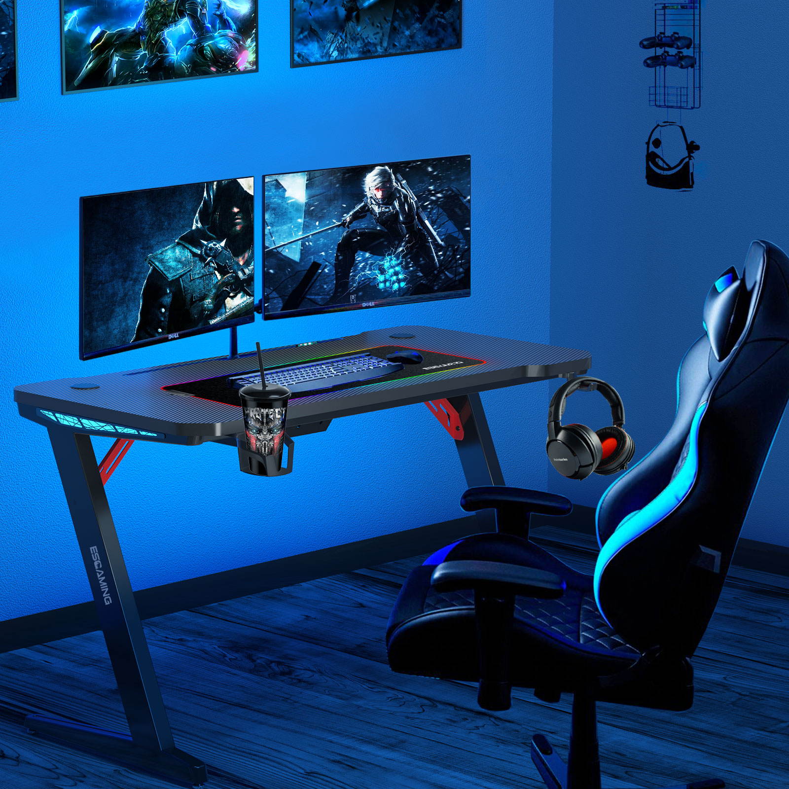 ESGAMING 1.3mm thickness Steel 47.3 Inch Gaming Desk with RGB Lights Controller with Cup Holder, Headphone Hook and Socket Rack