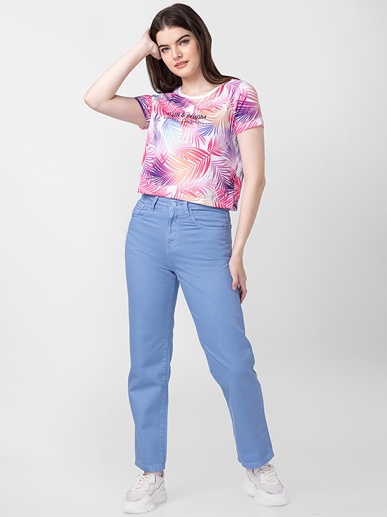 Spykar White & Pink Cotton Printed Top