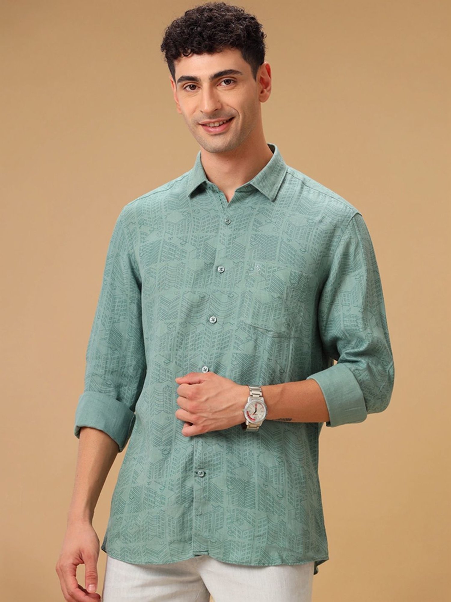 Linen Club Green Linen Contemporary Fit Printed Shirt