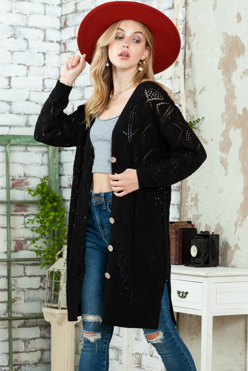 Black Button Up Hollow Out Loose Long Cardigan
