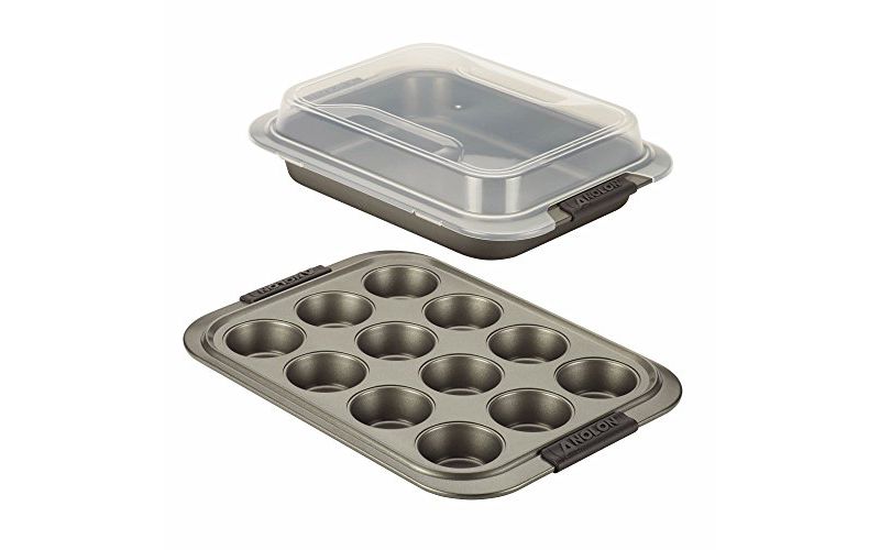 Anolon Advanced Nonstick Bakeware Set includes Nonstick Baking Pan with Lid and Muffin/Cupcake Pan - 3 Piece, Gray