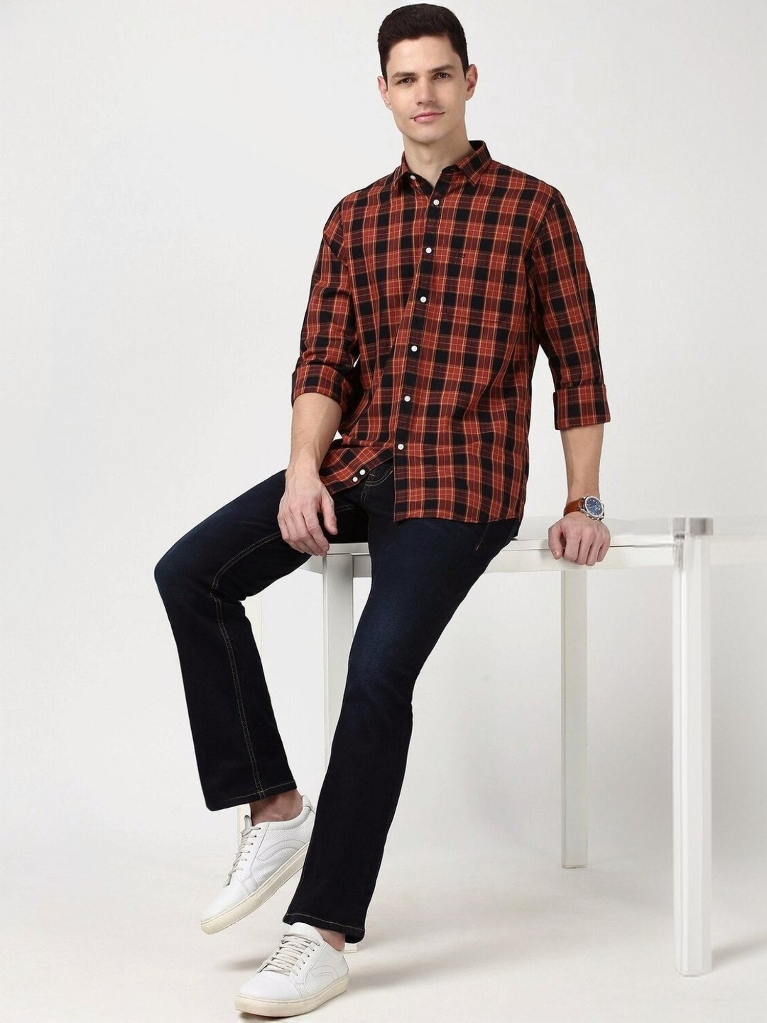 Spykar Blue Cotton Slim Fit Checks Shirt