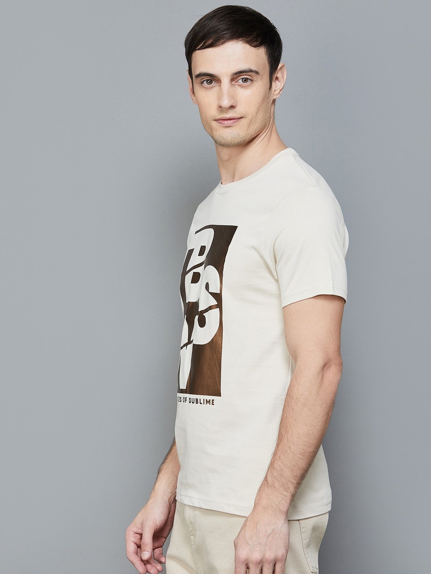 BOSSINI Beige Cotton Regular Fit Printed T-Shirt