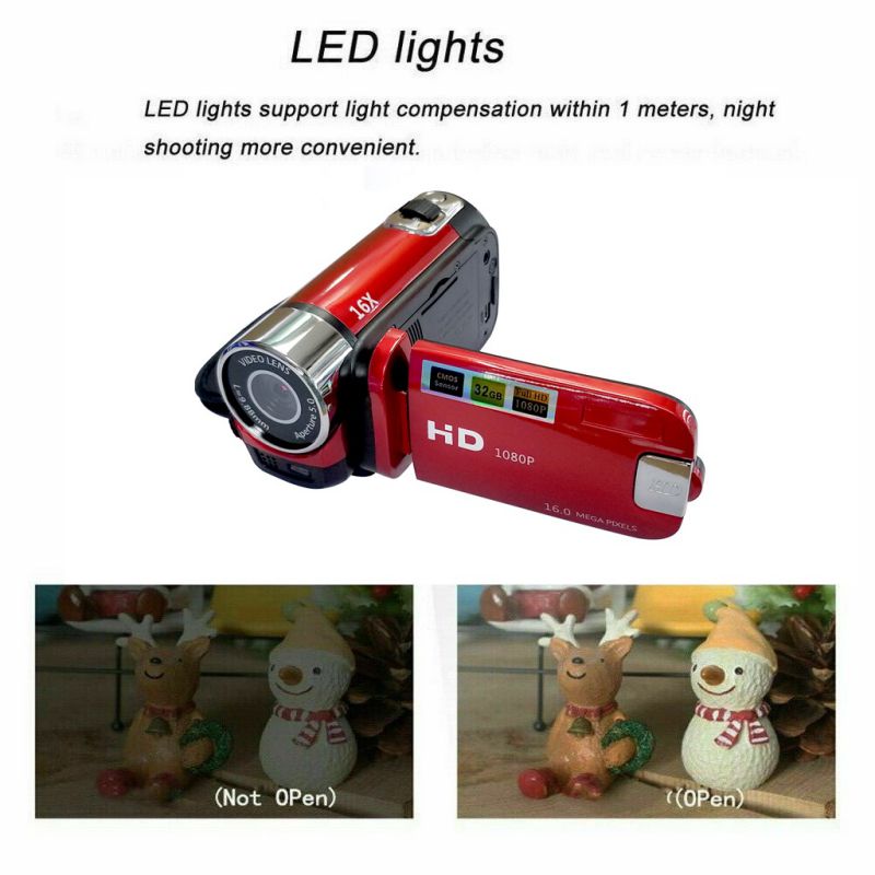 1080P LED Light High Definition Shooting Video Record Portable Camcorder Professional Digital Camera TFT LCD 16MP 16x Zoom DV AV Night Vision Red