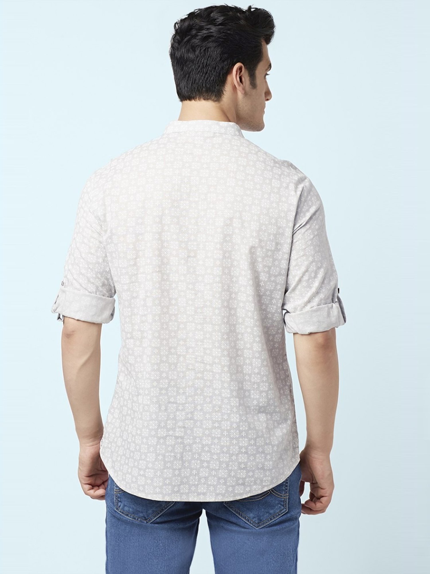 Indus Route by Pantaloons Grey Cotton Regular Fit Printed Short Kurta