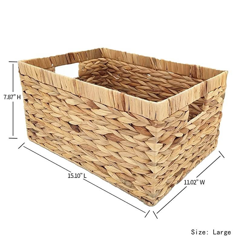Woven Natural Water hyacinth Rectangular Storage Baskets with inside HandleLarge