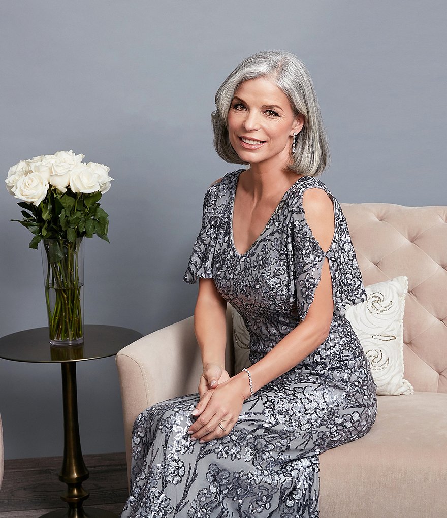 Alex Evenings Sequin A-Line Flutter Cold Shoulder Sleeve V-Neck Long Gown