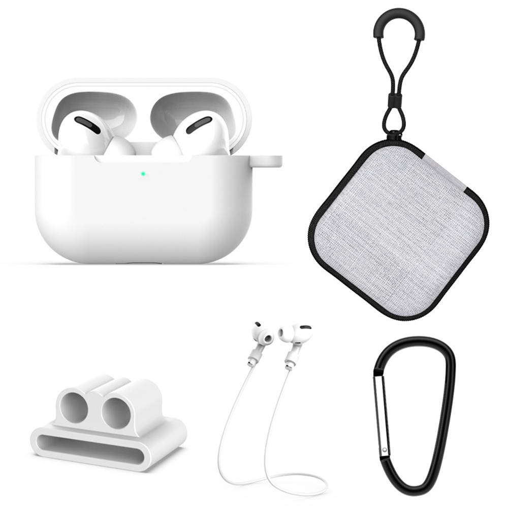 5 in1 Protective Case Compatible with Apple AirPods Pro Charging Case Silicone Cover + Watch Band Holder + Anti-lost Straps + Storage Bag + Hook Earphone Protector Accessories