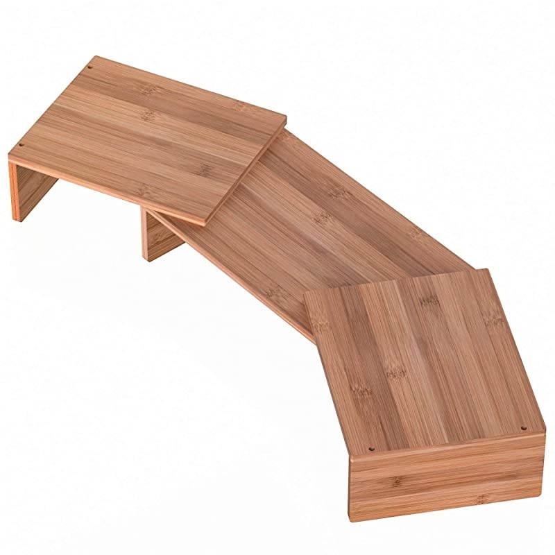 Dual Monitor Riser with Adjustable Length and Angle Desktop Stand 3 Shelf Storage OrganizerBamboo