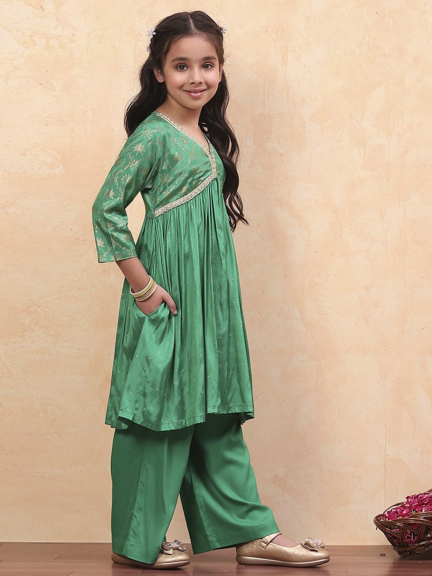 Biba Girls Green Floral Print Suit Sets