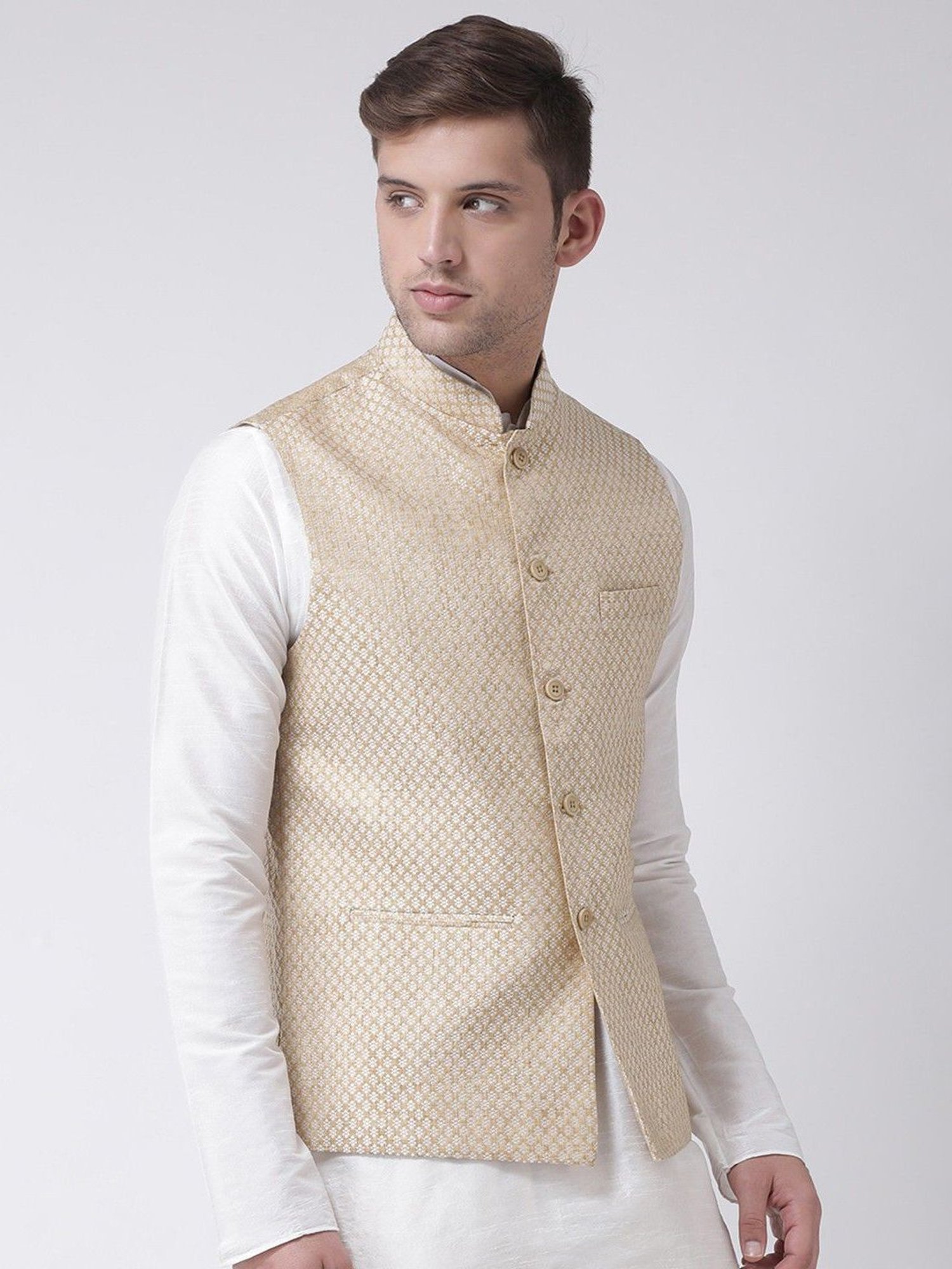 TABARD White Regular Self Pattern Nehru Jacket