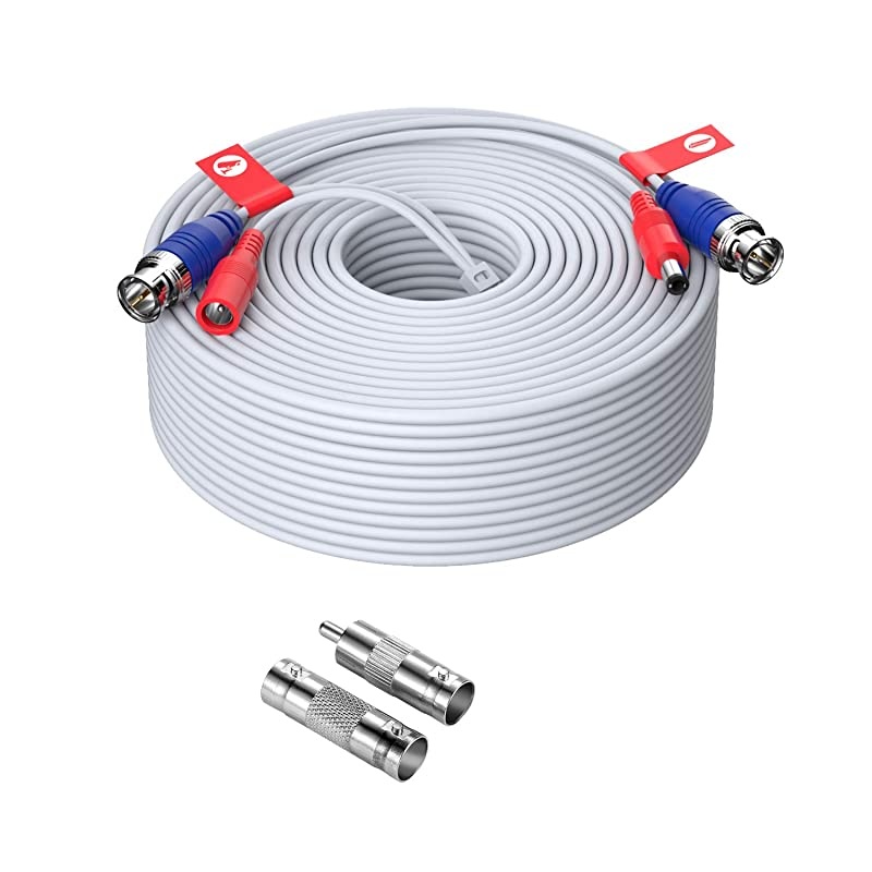 1 Pack 150ft (45 Meters) All-in-One Video Power Cable, BNC Extension Surveillance Camera Cables for Video Security DVR Camera Systems (Included 1X BNC Connectors and 1X RCA Adapters)-White Color