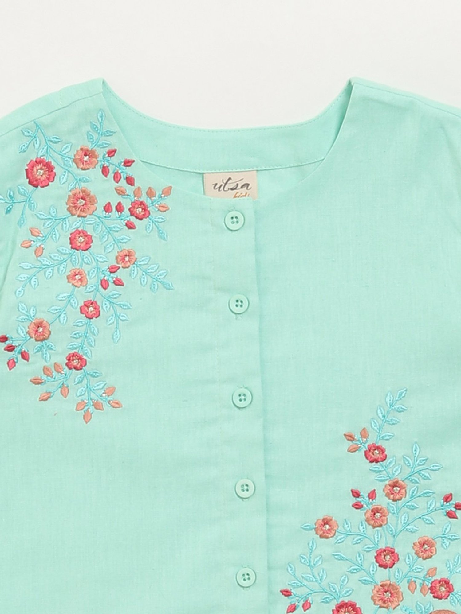 Utsa Kids by Westside Blue Button-Up Floral Cotton Blend Top