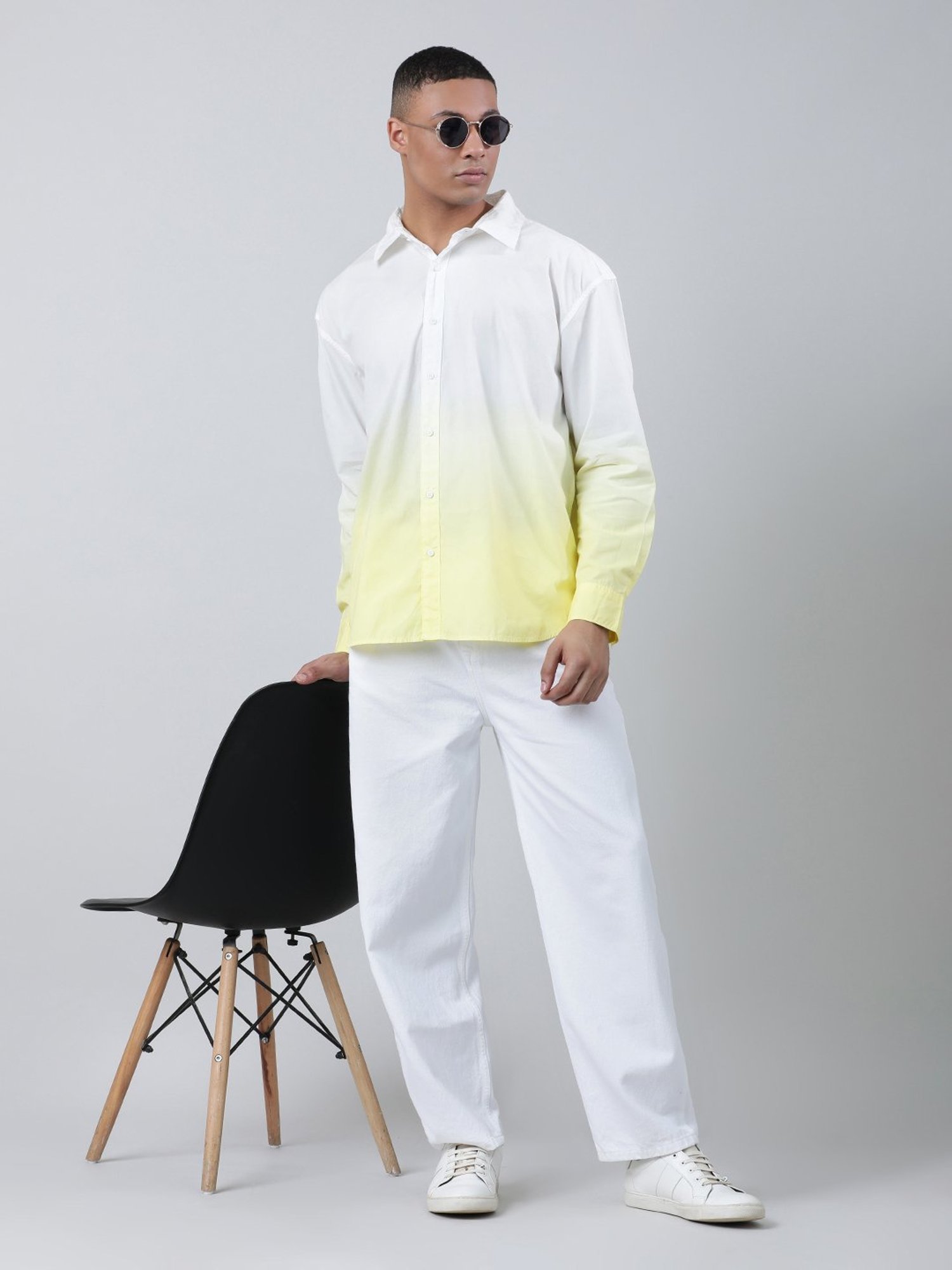 Bene Kleed White & Yellow Loose Fit Ombre Cotton Shirt