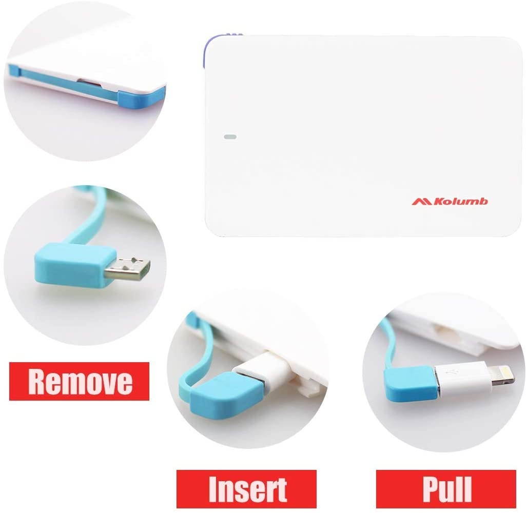 Ultra-Slim Ultra-Portable Ultra-Safe 2500mAh Wallet Pocket Power Card Power Bank ONE-for-All External Mini Battery for Most Smart Phone and Digital Devices(White with Lightning Adapter)