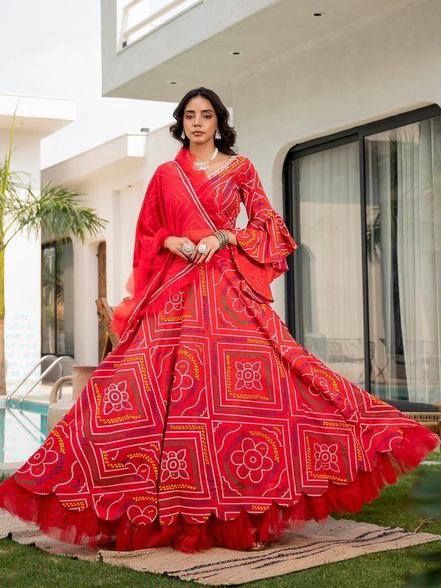 Divena Red Bandhani Ghagra & Choli With Dupatta