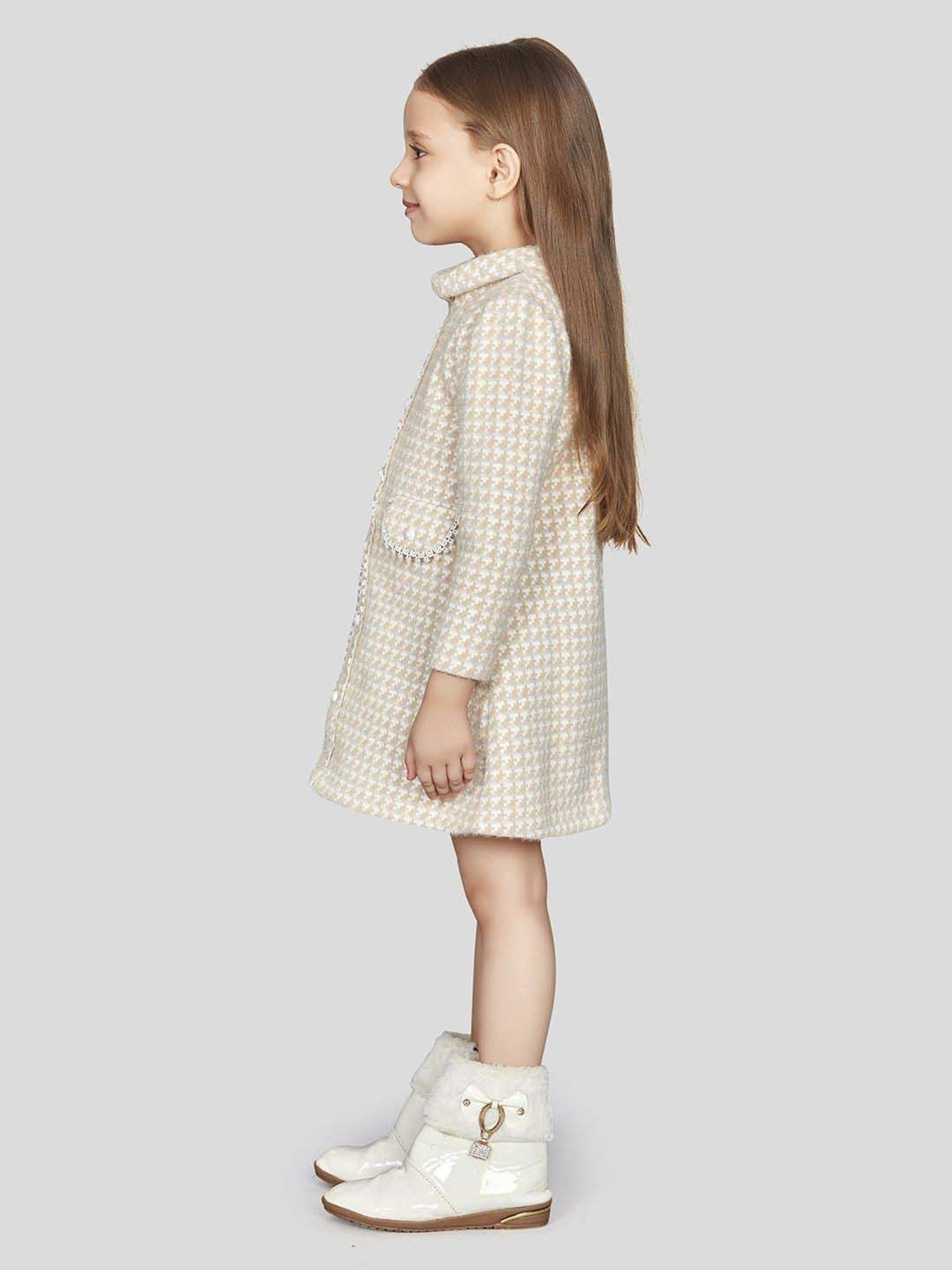 Peppermint Girls Beige Printed Full Sleeves Dress