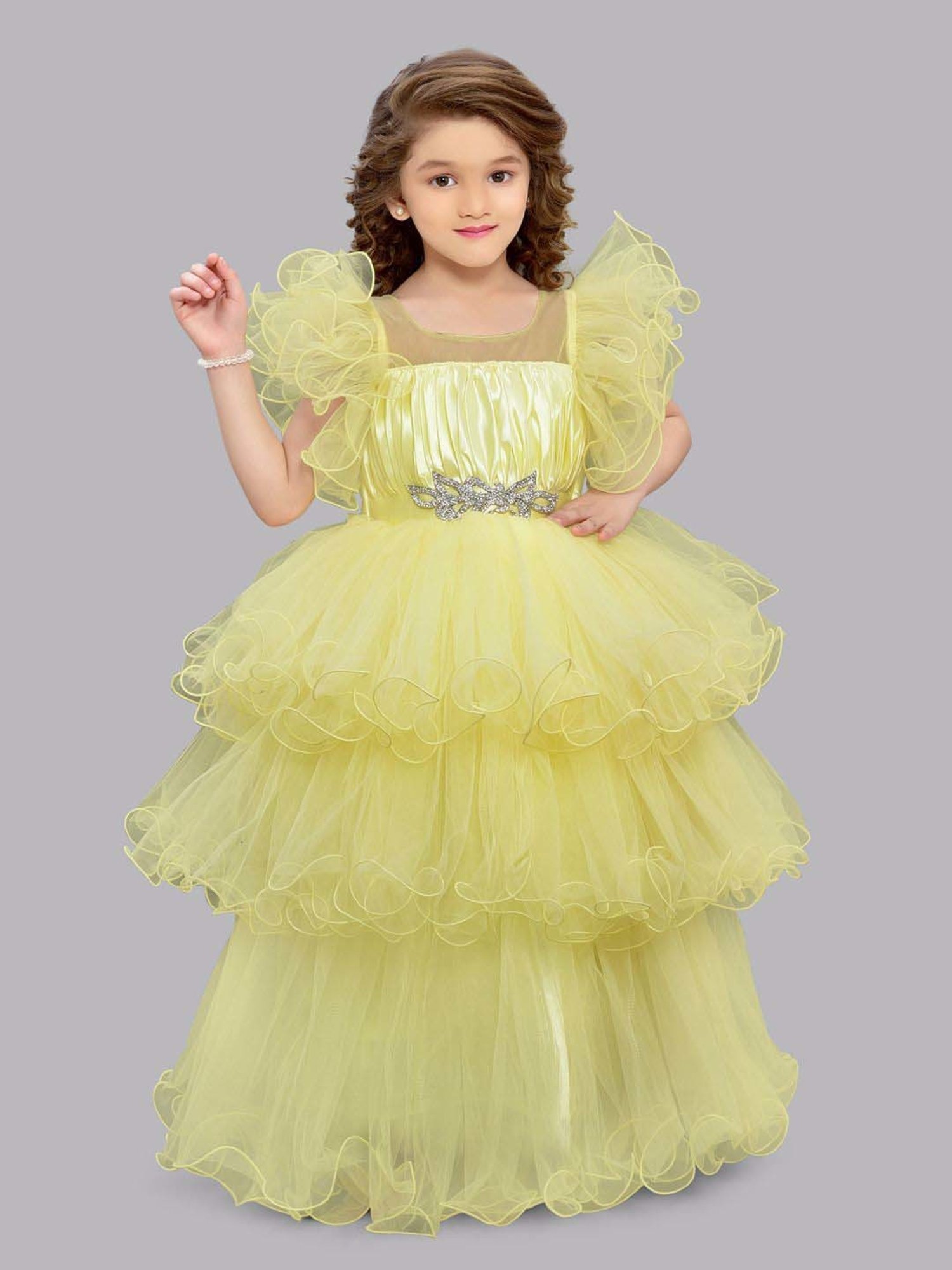 Pink Chick Kids Yellow Solid Party Gowns