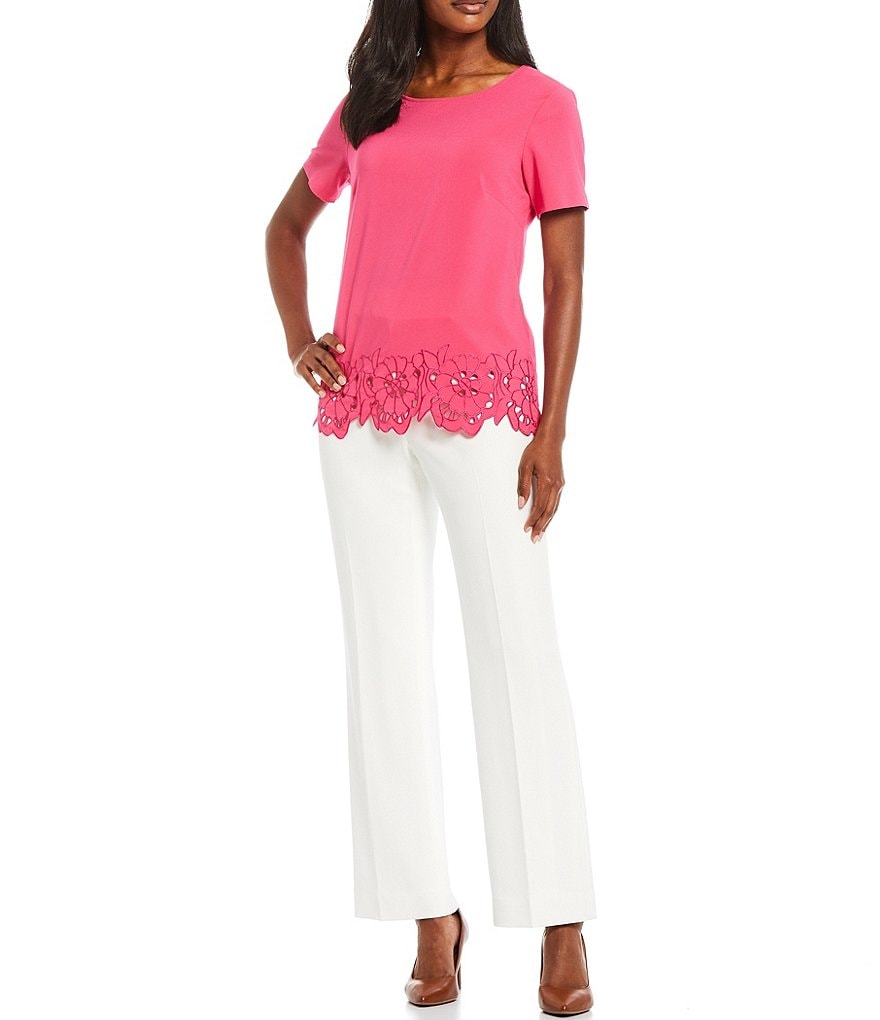 Preston & York Pat Laser Cut Floral Hem Crew Neck Short Sleeve Blouse