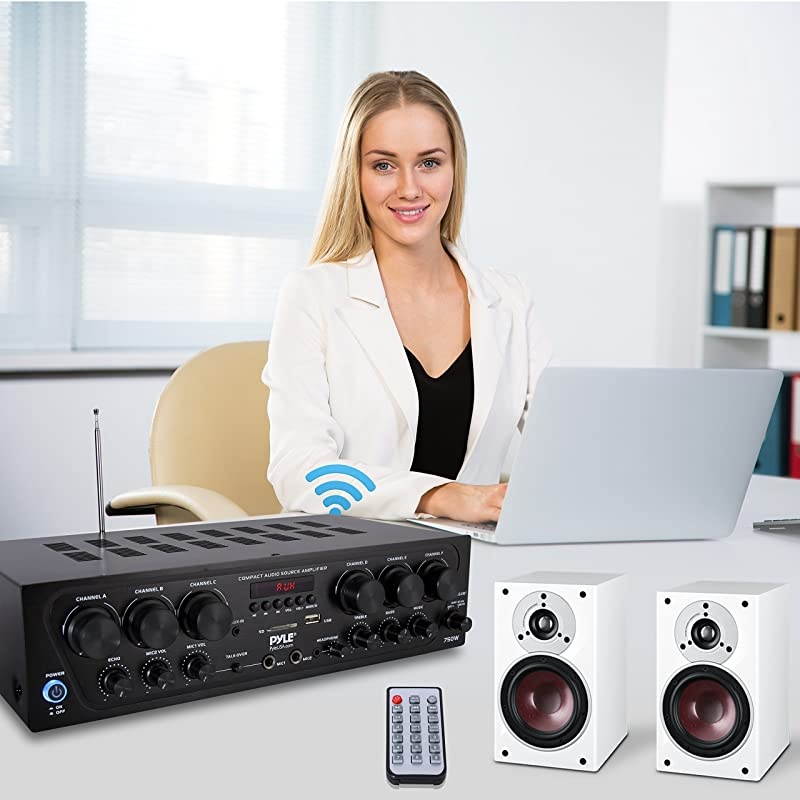 Wireless Bluetooth Karaoke-6 Channel 750 Watt Home Audio Sound Power Stereo Receiver Amplifier w/USB, Headphone, 2 Microphone Input w/Echo, Talkover for PA PTA62BT