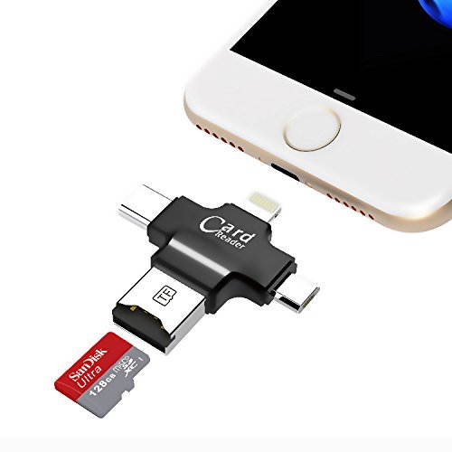 Micro SD Card Reader Caithly 4 in 1 Card Reader with Type-C USB Connector OTG HUB Adapter, TF Flash Memory Card Readers for iPhone iOS/Android Micro USB/Type-C Port Phones/Mac/PC (Black)
